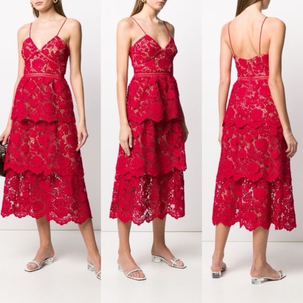 SELF-PORTRAIT
Tiered Floral Guipure-lace Dress In Red